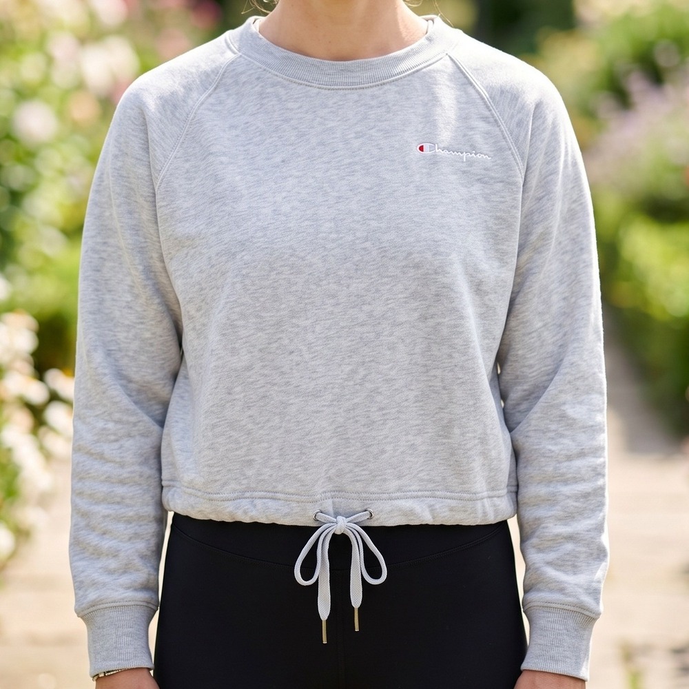 Champion Womens Cropped Sweatshirt Heather Gray Drawstring Hem Raglan Pullover‎